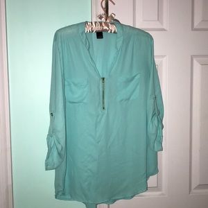 Mint green sheer quarter zip blouse